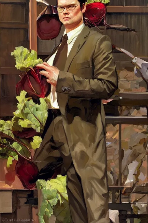 Image similar to dwight schrute gardening, beets!!!, painting by jc leyendecker!! phil hale!, angular, brush strokes, painterly, vintage, crisp