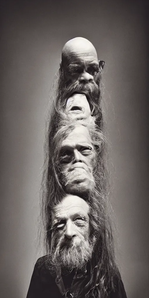 Image similar to a old man with 3 heads and 6 eyes, long hair, hanging upsidedown by annie leibovitz