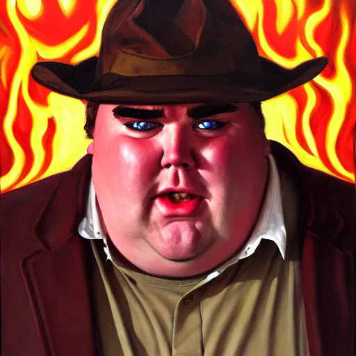 Image similar to portrait of john candy crying in the metaverse, fire and pain, oil on canvas by william sydney mount, trending on artstation