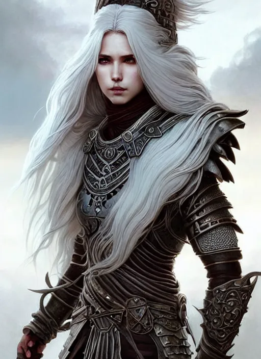 Image similar to warrior, leather armor!!! long wild white hair!! covered chest!!! fantasy, d & d, intricate ornate details, digital painting, pretty face!!, symmetry, concept art, sharp focus, illustration, art by artgerm! greg rutkowski magali villeneuve wlop! ilya kuvshinov!!, octane render
