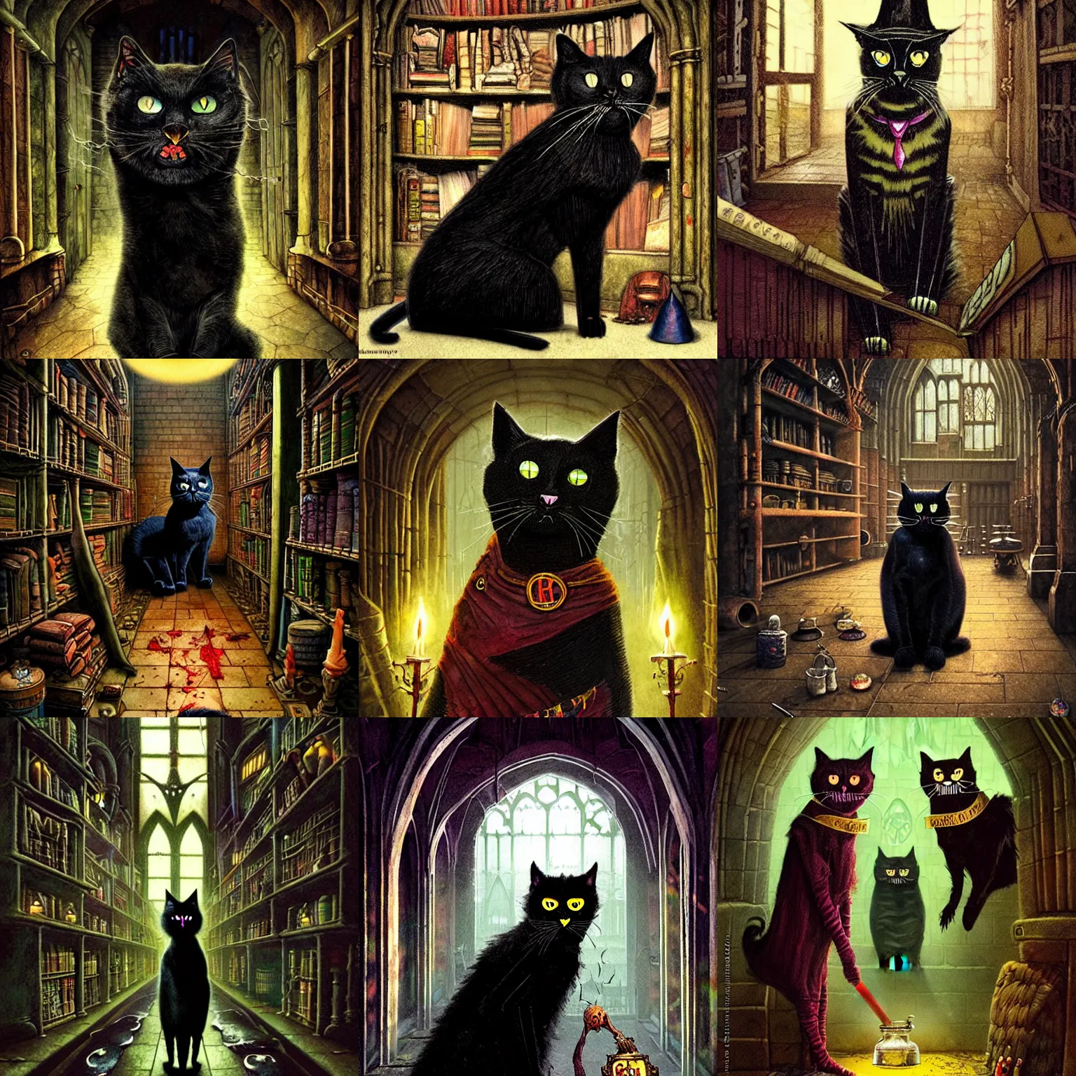 Prompt: Greebo, the scarred, bruised, angry, black cat, at a corridor of Hogwarts School of Witchcraft and Wizardry, detailed, hyperrealistic, colorful, cinematic lighting, digital art by Paul Kidby and Jim Kay