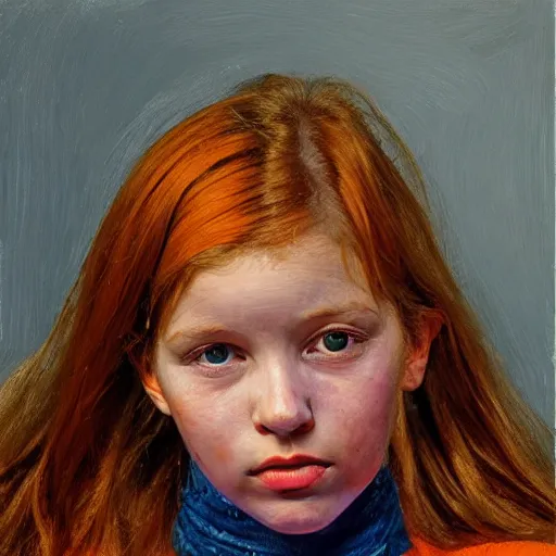Image similar to high quality high detail painting by lucian freud, hd, beautiful young girl portrait, orange and violet, photorealistic lighting