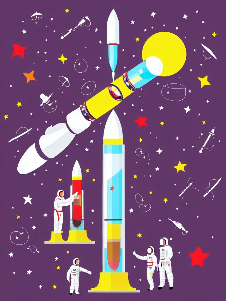 Image similar to editorial illustration scientific lab test tube telescope microscope astronaut rocket, colorful modern, mads berg