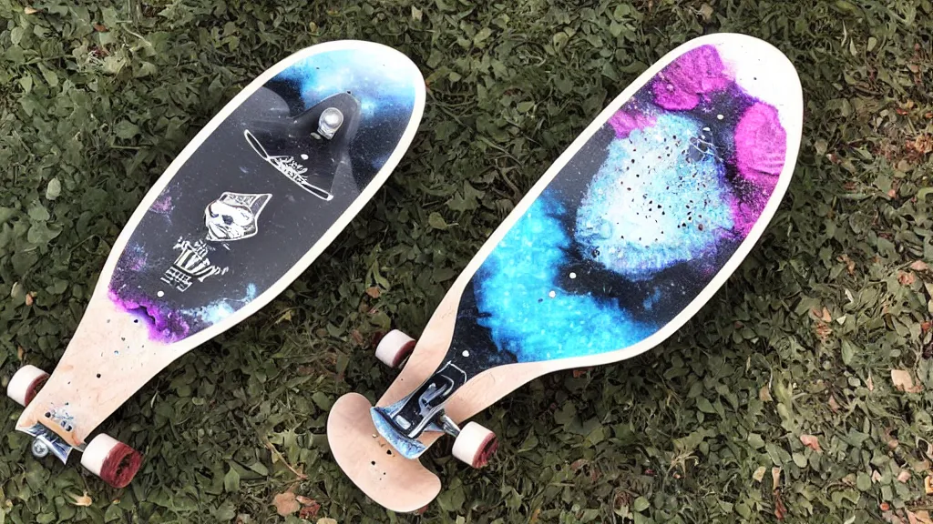 Prompt: skateboard with a geode decal