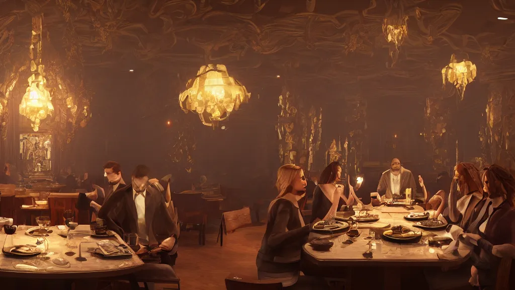 Prompt: a beautiful painting of cthulu dining at a fancy restaurant sitting across the table from a woman | unreal engine :. 4 | global illumination, radiant soft light, detailed, intricate :. 6