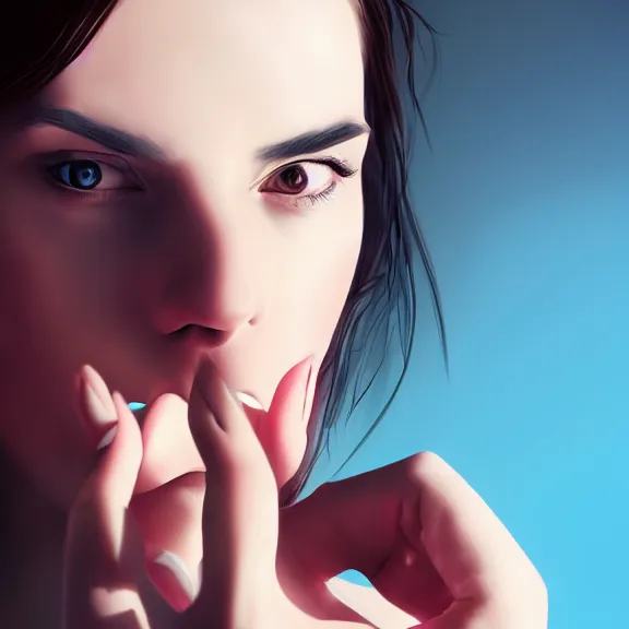 Prompt: digital art close up headshot of a woman blowing a physical heart off her hand into the camera, trending on artstation