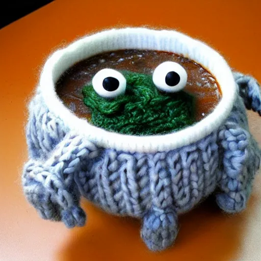 Prompt: a bowl of soup that looks like a monster that is knitted out of wool