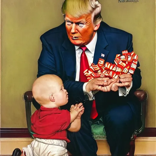 Prompt: Donald Trump stealing candy from a baby, painting by Norman Rockwell, 8k