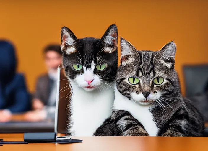 Prompt: photo of cats attending a management board meeting. Highly detailed 8k. Intricate. Sony a7r iv 55mm. Stock photo.