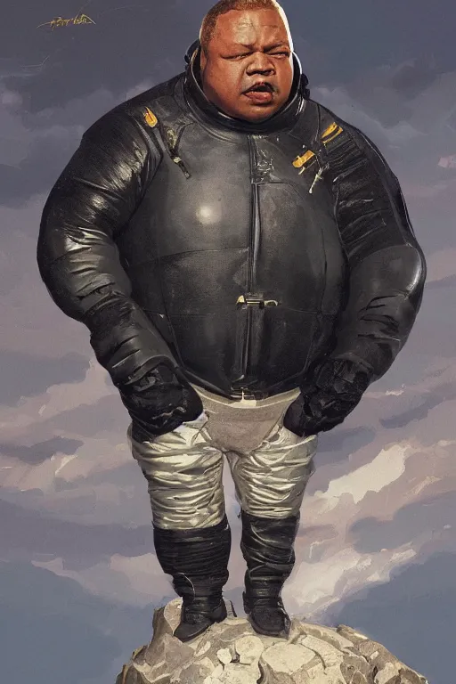 Image similar to portrait of a black man as baron harkonnen wearing leather spacesuit, standing on rocky outcrop, detailed, illustration by normal rockwell, artstation character art, adebanji alade, concept art, greg rutkowski