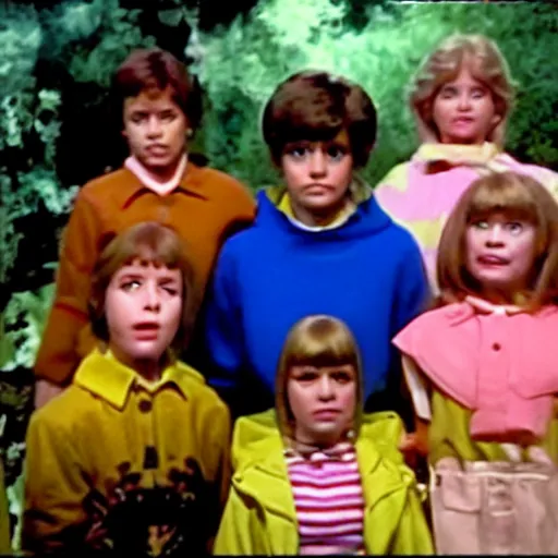 Image similar to still from 1983 live-action children's tv show about a girl who enters an eyeball cult color