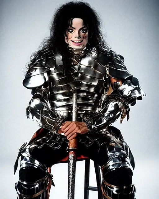 Image similar to michael jackson as king conan, directed by john millius, photorealistic, sitting on a metal throne, wearing ancient cimmerian armor, a battle axe to his side, he has a beard and graying hair, cinematic photoshoot in the style of annie leibovitz, studio lighting