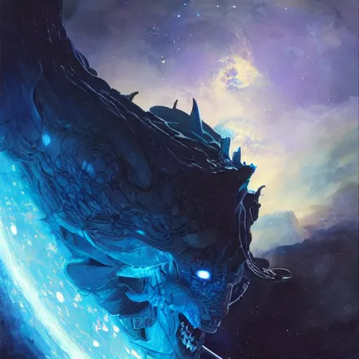 Image similar to prompt Blue crystalline dragon devouring a planet, space, planets, moons, sun system, nebula, oil painting, by Fernanda Suarez and and Edgar Maxence and greg rutkowski