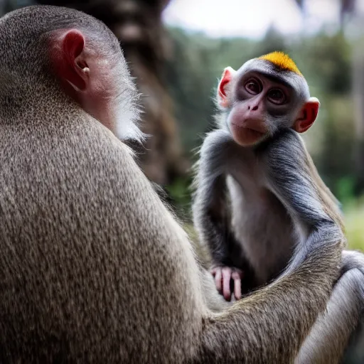 Prompt: Monkey nitpicking hair on human, photograph, relaxing photo