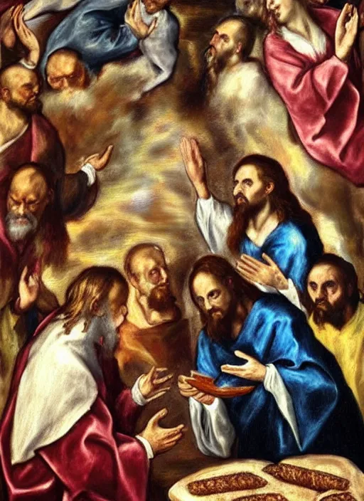 Image similar to Jesus Christ making the miracle of changing bread into fish!!!!! at the wedding of Canaan, I'm the style of El Greco, late Renaissance, hyper realistic, hyper detailed, trending on artstation