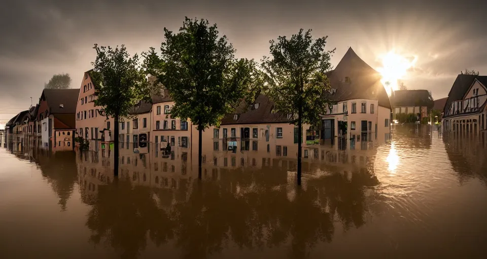 Prompt: award-winning photograph of a german town being flooded, dramatic lighting, hazy atmosphere, god rays, wide focal length, Sigma 85mm f/2, dramatic perspective, chiaroscuro, at dusk