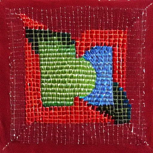 Prompt: chrome spheres on a red cube, embroidery
