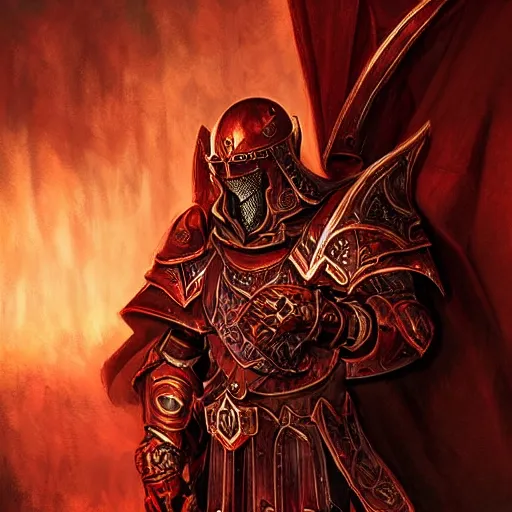 Image similar to blood paladin, fantasy art, located in a castle, legendary armor, red sunlight through the window, decorated, high quality, highly detailed,