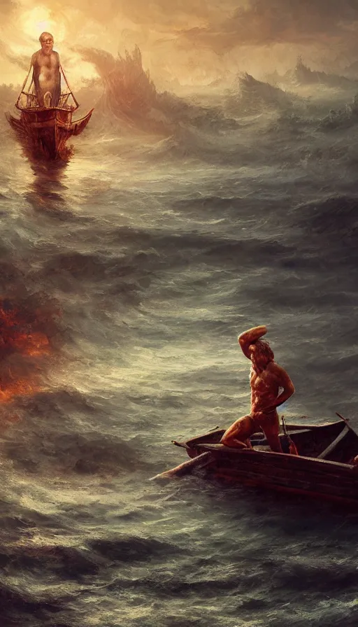 Image similar to man on boat crossing a body of water in hell with creatures in the water, sea of souls, by wlop