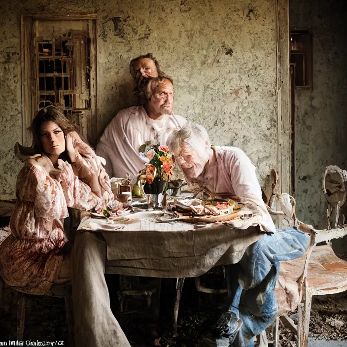 Prompt: closeup portrait of a couple eating flowers at a dining table, in a desolate abandoned house, by Annie Leibovitz and Steve McCurry, natural light, detailed face, CANON Eos C300, ƒ1.8, 35mm, 8K, medium-format print