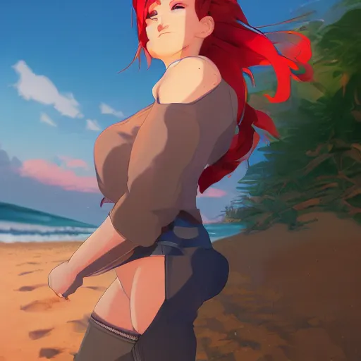 Prompt: full body character deisgn by lois van baarle, artgerm, helen huang, by makoto shinkai and ilya kuvshinov and greg rutkowski. cute russian cyborg scarlet red haired woman, steel gray body, denim shorts, jacket, wandering at beach at sunset, soft smile, 8 k ultra detailed, elegant, octane render, curvy body