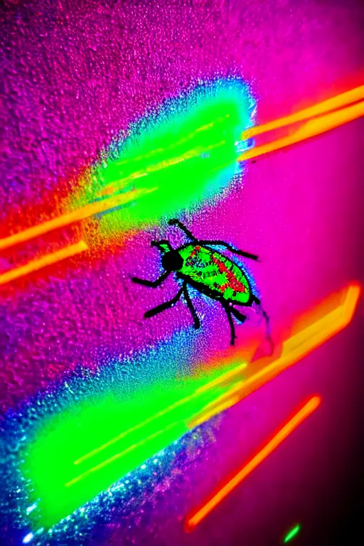 Prompt: high quality macro photo holographic graffiti fly! jeweled gorgeous! highly detailed digital art david ligare elson peter cinematic pink neon lighting high quality low angle hd 8k sharp shallow depth of field