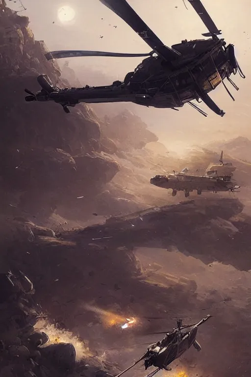 Prompt: a futuristic helicopter in war, epic scene, by greg rutkowski