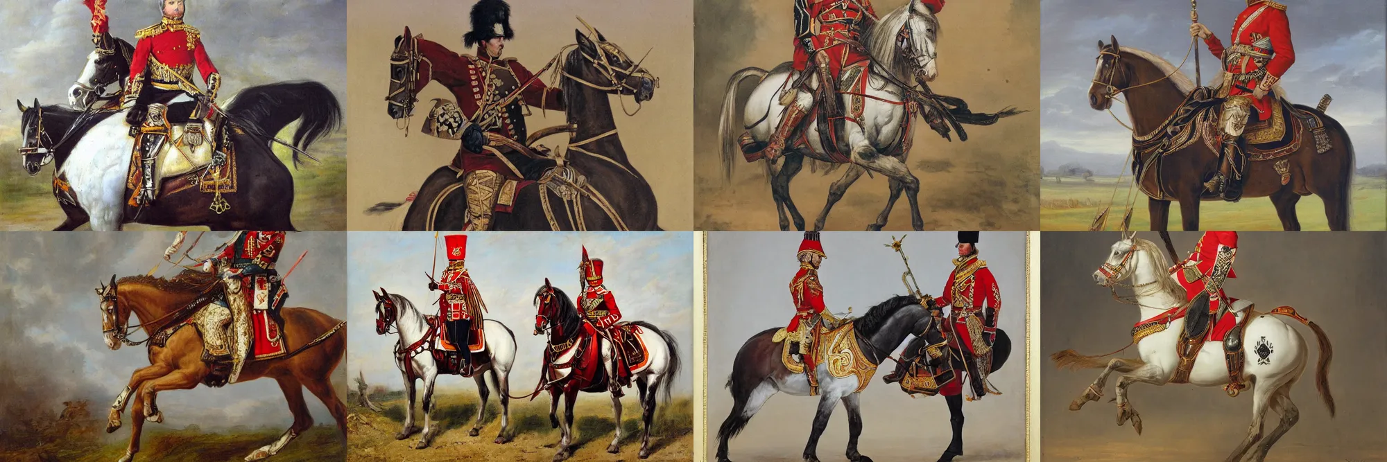 Prompt: painting of a half - length portrait of a hussar on a horse, perfect symmetrical eyes