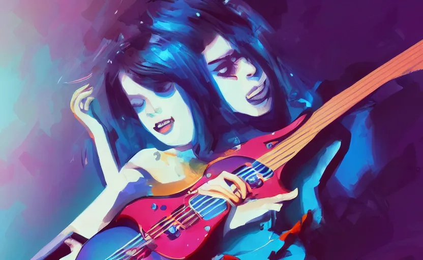 Image similar to rockstar girl playing electric guitar on stage. by amano yoshitaka, digital art, digital painting, illustration, artstation trending