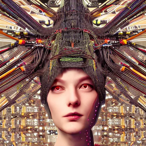 Image similar to give me a higher love, piles of modular synth cables, goddess swimming up wearing a headpiece made of circuit boards, by cameron gray, wlop, stanley kubrick, masamune, hideki anno, unique perspective, trending on artstation, 3 d render, vivid