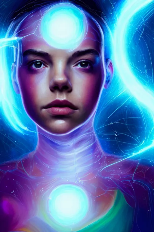 Image similar to a photorealistic painting of an attractive young girl, clothed in ethereal forcefields, surrounded by colorful transparent plasma, emitting psychic powers, beautiful bone structure, perfectly symmetrical face, perfect eyes, intricate, elegant, ultra-detailed, digital painting, concept art, illustration, sharp focus, minimal artifacts, volumetric lighting, from Valerian and the City of a Thousand Planets, in the style of Artgerm and Loish, fantasy scene, fantasy aesthetic, trending on Artstation and Tumblr, award winning