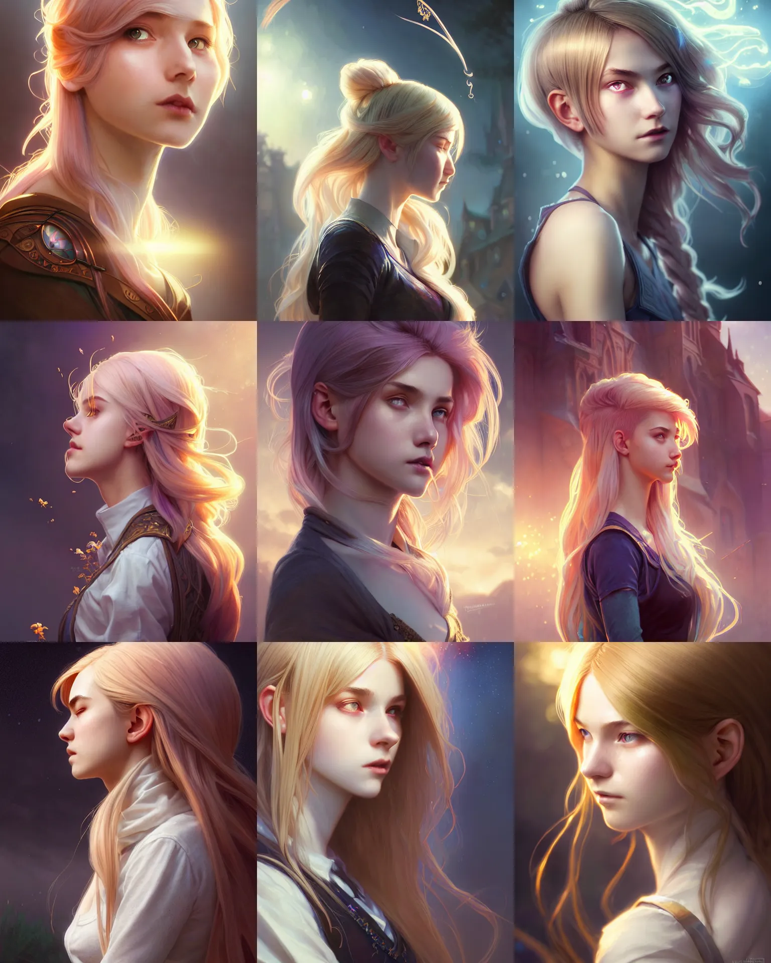 Prompt: side portrait of a university young female, magic school, light colored hair, cool hair style, fantasy building, intricate, sharp focus, lens flare, bloom, rim light, illustration, highly detailed, digital painting, concept art, matte, art by wlop and ross tran and artgerm and greg rutkowski and alphonse mucha, masterpiece