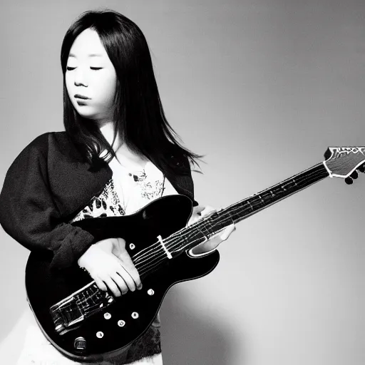 Image similar to a black and white photograph of a female japanese artist playing an electric guitar