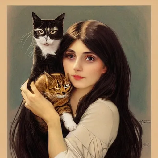 Image similar to emo girl and her cat, with long dark hair, thick eyebrows!!! deep dark big eyes and dark circles!, wide nose!!!, oval face shape, big cheeks! by juan villafuerte, greg rutkowski and alphonse mucha, pexels contest winner, high quality photo, rtx, hd