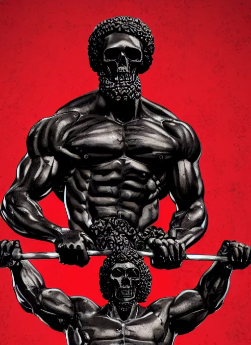 Prompt: black background, statue of hercules, skulls, thin red lines, dark, thin lines, red grid, trending on artstation