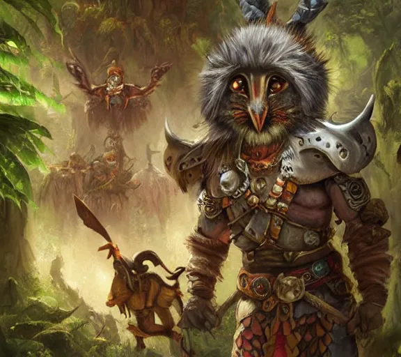 Prompt: dungeons and dragons fantasy painting, portrait, a feathered mouse spartan, 3 0 0, whimsical and cute, aztec, mayan, determined expressions, watery eyes, anime inspired, face paint, tufty whiskers, macuahuitl, in the jungle, feathered cavalry, by brain froud jessica rossier and greg rutkowski