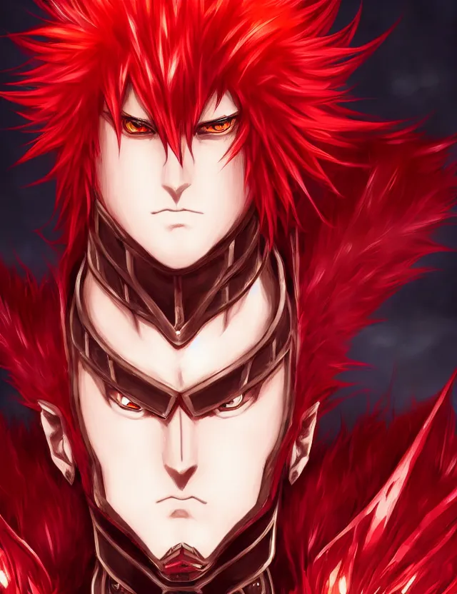 Image similar to a detailed manga portrait of a handsome tall man with spiked crimson hair in fiery crimson crystalline armour, trending on artstation, digital art, 4 k resolution, detailed, high quality, sharp focus, hq artwork, coherent, insane detail, character portrait