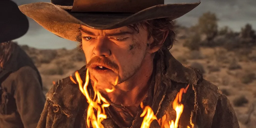 Prompt: close up of rugged bandit cialien murphy ( ( alone ) ) in the old west, handcuffed by shackles at a campfire and thomas brodie - sangster ( ( alone ) ), violently fist fighting, volumetric lighting, cinematic, dark, grim, unforgiven