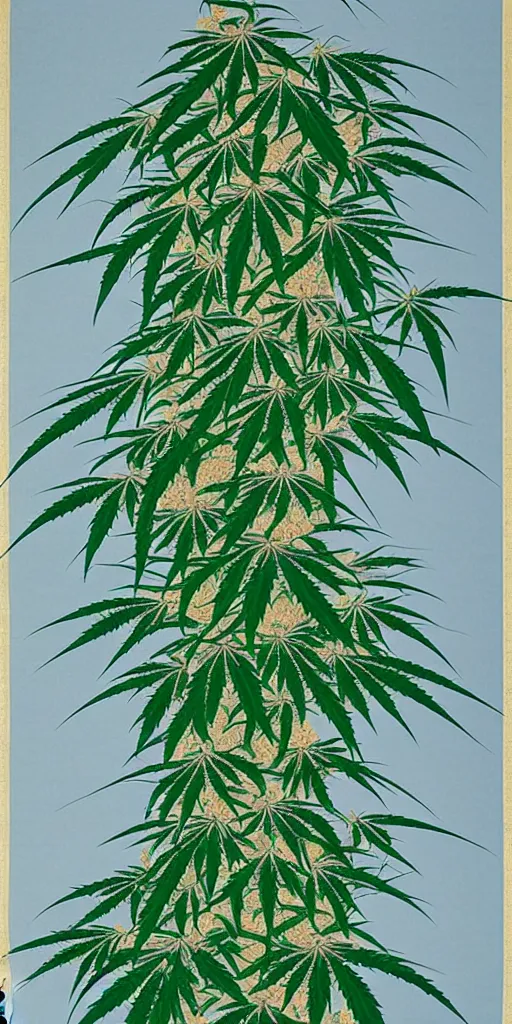 Image similar to A modern fine-art Chinese shanshui painting of cannabis tree with dank buds ready to harvest, full of amber trichome