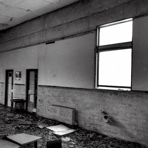 Prompt: scary old lady without eyes an abandoned school, security camera, black and white, real