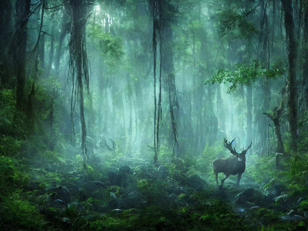 Prompt: a fantasy beautiful dense biorelevant overgrown rainforest setting, ultrawide angle, a large blue glowing bioluminescent elk herd with light illuminating from within, cinematic lighting, extremely emotional, extremely dramatic, surround it with pixie dust ether floating in the air, hdr, epic scale, cmyk, deep spectrum color