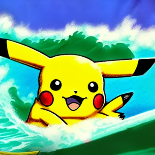 Prompt: pikachu surfing on a wave made of green slime, pokemon tcg image, trending on artstation