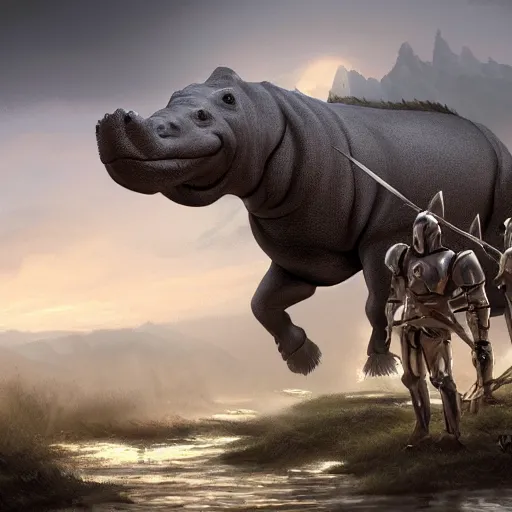 Image similar to fantasy art 4 k photo of knight armored hippos ready for battle