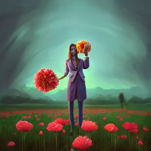 Image similar to giant carnation flower head, frontal, girl in a suit, surreal photography, sunrise, dramatic light, impressionist painting, digital painting, artstation, simon stalenhag