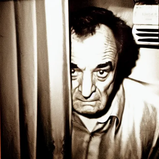 Prompt: grainy photo of detective columbo as a creepy monster in a closet, harsh flash