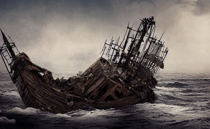 Image similar to “Pirate ship wreck falling from the sky, 4k, cinematic, award winning”