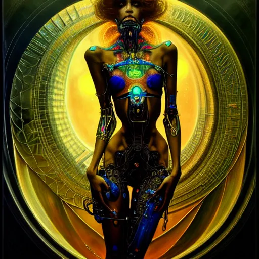 Image similar to extremely psychedelic beautiful cyborg virus infected by night. intricate, elegant, highly detailed, extremely lifelike photorealistic digital painting, artstation. steichen, gaston bussiere, tom bagshaw, cyberpunk alphonse mucha. totally elegant. anatomically correct. sharp focus. black and gold. surreal lush cosmic hallucination