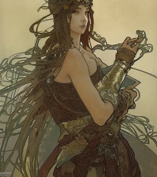 Image similar to alphonse mucha painting of anime woman in armor, pen and ink, intricate line drawings, by craig mullins, ruan jia, kentaro miura, greg rutkowski, loundraw