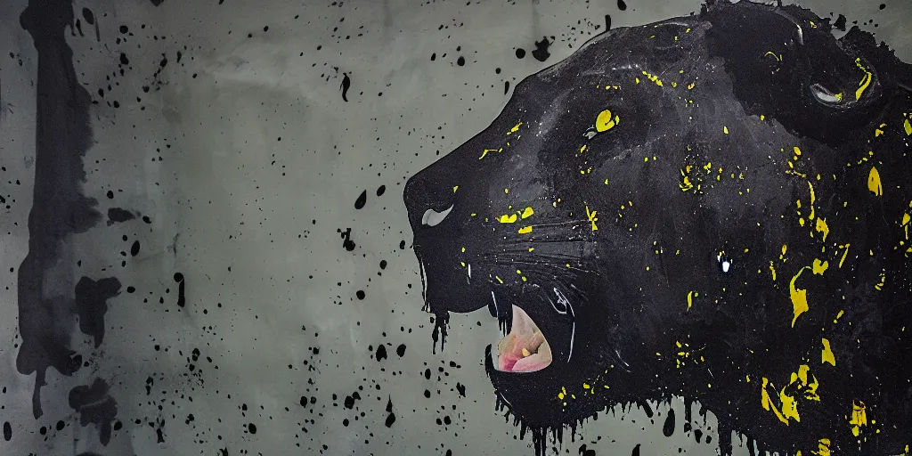 Image similar to the smooth black lioness, made of smooth black goo, in the zoo exhibit, viscous, sticky, full of black goo, covered with black goo, splattered black goo, dripping black goo, dripping goo, splattered goo, sticky black goo. concept art, painting, reflections, black goo, zoo, exhibit