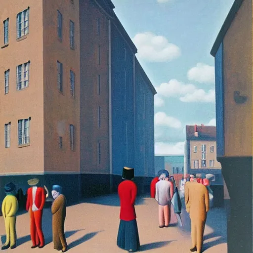 Image similar to people splashing water in city street, sunny, painted by Rene Magritte